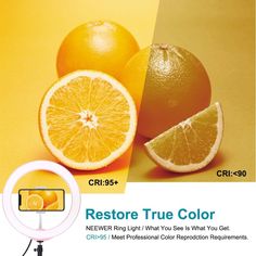 an advertisement for a camera with oranges on the side and one being cut in half