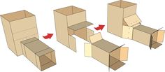 several cardboard boxes are shown with red arrows pointing to the top one and bottom two