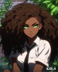 an anime character with green eyes and long hair, wearing a white shirt and black tie