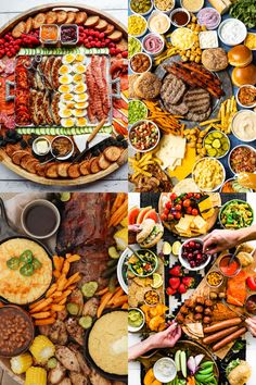 a table filled with lots of different types of food and people reaching for plates full of food