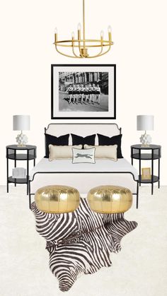 a bedroom with zebra print rugs and gold accents on the bed, side tables