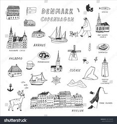 an illustrated map of denmark with all the main cities and their names in black ink