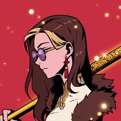 an anime character with long hair holding a baseball bat in her hand and wearing sunglasses