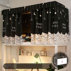 a loft bed with a desk underneath it and curtains hanging from the ceiling above it