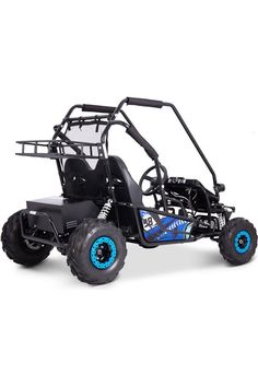 an off road buggy with blue wheels