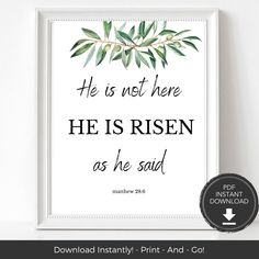 a framed print with the words he is not here he is risen as he said