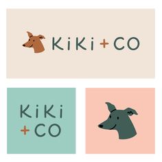 the logo for kiki and co is shown in three different colors, including pink, blue