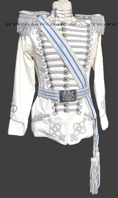 F9/5-6  DJ9105BB 4 pcs Hussars white jacket with silver braids front and at cuffs ,It has brass silver  polished buttons and silver Braiding on the chest area and cuff of sleeves of jacket 4pcs including in this sale 1) Jacket 2) pair of shoulder silver eppaulates  3)silver waist adjustable belt with blue stripes & buckle 4) matching blue stripes Silver across chest Sash with adjustable toggle and tassels  Please refer to photos. available chest sizes  Chest to fit 40"  Armhole to armhole 42" Sl Silver Braids, Fancy Suit, Angel Outfit, Straight Jacket, Eve Outfit, White Jacket, Adjustable Belt, Waist Belt, Blue Stripes