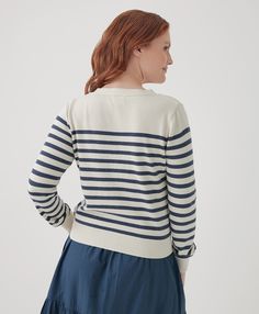 Women's Navy Laguna Stripe Classic Fine Knit Cardigan 2XL. Super soft organic women's Classic Fine Knit Cardigan from Wear PACT. Fair Trade Factory. GOTS Certified Organic Cotton Crew Neck Textured Cotton Cardigan, Chic Crew Neck Cardigan With Ribbed Cuffs, Long Sleeve Fine Knit Cardigan, Fine Knit Cotton Long Sleeve Cardigan, Long Sleeve Fine Knit Cotton Cardigan, Classic Textured Knit Crew Neck Cardigan, Fine Knit Cotton Cardigan For Layering, Chic Cotton Cardigan With Crew Neck, Chic Cotton Crew Neck Cardigan