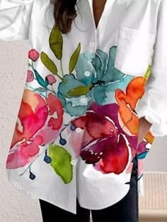 Women's Long Sleeve Shirt Spring/Fall Floral Shirt Collar Daily Going Out Casual Top White | justfashionnow T Shirt Painting Ideas, Long Tops For Women, Long Shirts For Women, Fabric Paint Shirt, White Floral Shirt, Shirt Collar Pattern, Painted Clothing, Cool Shirt Designs, Floral Shirts