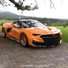 an orange sports car parked in front of a tree on a brick driveway next to a field