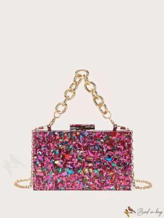 BirdinBag - Sequin Mini Box Bag with Chain Strap: Elegant Purse for Weddings, Proms, and Parties Square Box Bag With Chain For Evening, Square Evening Box Bag With Chain, Square Chain Box Bag For Evening, Rectangular Evening Bag With Chain For Events, Rectangular Chain Evening Bag For Events, Handheld Clutch With Chain Strap For Gift, Pink Evening Box Bag, Pink Rectangular Clutch With Chain Strap, Rectangular Box Bag With Chain Strap For Parties