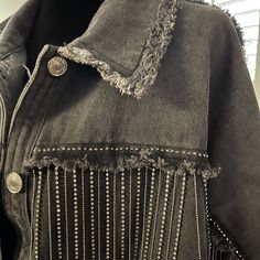 This Raglan Sleeve Black Distressed Jean Jacket Is So Much In Style ! Great With Boots And Fall ! Has Fringe In Rhinestones And Raw Edges On Hem And Sleeve. Ptp Is 34 “ Length 28” New With Tags, Says Large But Can Fit From 12 To Size 18 Easy. Black Long Sleeve Outerwear With Rhinestone Rivets, Black Outerwear With Rhinestone Rivets And Long Sleeves, Edgy Embellished Winter Outerwear, Chic Outerwear With Rhinestones For Night Out, Edgy Embellished Long Sleeve Outerwear, Long Sleeve Rhinestone Outerwear For Fall, Casual Long Sleeve Outerwear With Rhinestones, Rhinestoned Long Sleeve Outerwear For Night Out, Rhinestone Long Sleeve Outerwear For Night Out