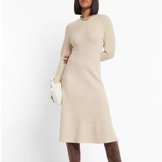 Has Never Been Worn Or Washed. Brand New Without Tags Classic Beige Midi Dress For Fall, Elegant Neutral Sweater Dress For Fall, Elegant Beige Midi Sweater Dress, Classic Beige Winter Dresses, Chic Beige Midi Length Sweater Dress, Neutral Long Sleeve Winter Dress, Elegant Neutral Midi Dress For Fall, Fitted Beige Sweater Dress For Work, Chic Midi Length Sweater Dress For Work