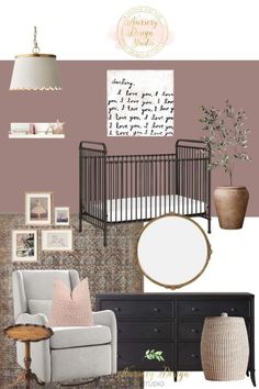 a baby's room with pink walls and furniture, including a crib bed