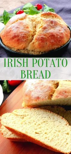 a loaf of irish potato bread on a cutting board with the words, irish potato bread