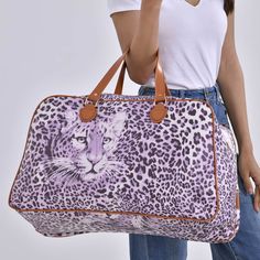 Leopard Print Bags With Detachable Handle For Travel, Leopard Print Shoulder Bag With Double Handle, Leopard Print Double Handle Travel Satchel, Luxury Leopard Print Bag With Leather Handles, Luxury Christmas Gifts, Leopard Print Bag With Gold-tone Hardware And Top Handle, Purple Leopard, Travel Duffle, Gold Chain Jewelry