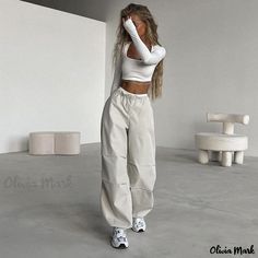 Olivia Mark - High-Waisted Drawstring Straight Leg Minimalist Workwear Pants Street Solid Color Casual Long Trousers High Waist Solid Color Bottoms For Streetwear, High Waist Stretch Solid Cargo Pants, Stretch High Waist Cargo Pants, Non-stretch Solid Bottoms For Streetwear, Trendy Solid Sweatpants For Spring, Spring Streetwear Solid Color Bottoms, White Stretch High Waist Cargo Pants, High Waist Beige Sweatpants For Spring, Baggy Pants Women