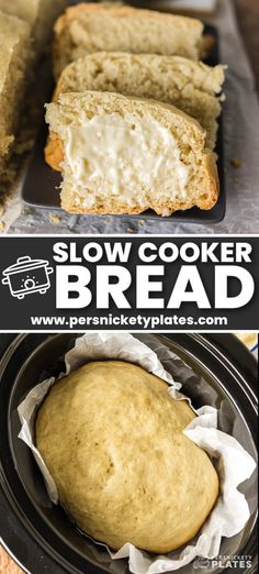 Rustic Slow Cooker Bread is exactly as easy and convenient as it sounds! Skip the loaf pan, the dough rise, and turning on the oven, because the crockpot does it all! | www.persnicketyplates.com 2 Ingredient Crockpot Bread, Sour Dough Bread In A Crockpot, Gluten Free Slow Cooker Bread Recipe, Slow Cooker Dinner Rolls, Crockpot Sourdough Bread With Starter, Crock Pot Bread Recipe, Crockpot Bread Recipes Slow Cooker, Quick Rise Sourdough Bread, Easy Crockpot Bread