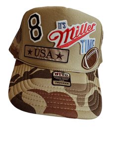 One of a kind camo trucker hat with a variety of patches High-profile style Adjustable, and snap back closure Camo Trucker Hat, Custom Trucker Hats, Hat Custom, Snap Back, Snap Backs, Fitted Hats, Trucker Hats, Trucker Cap, Camouflage