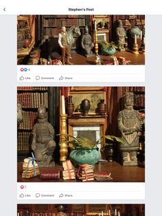 two screenshots of statues and books on a table