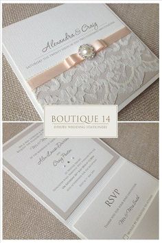 the wedding stationery is shown in three different pictures, including one with a ring on it