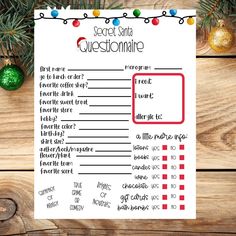 a printable santa question sheet with christmas ornaments around it