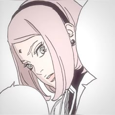 an anime character with pink hair and black eyes