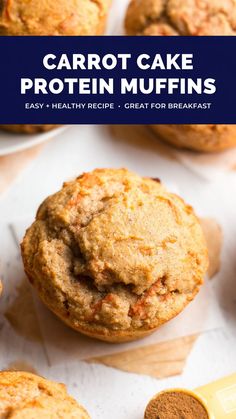 carrot cake protein muffins on top of a white paper with the title above it