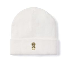 The Queen Idia beanie or toque are cuffed, made with 100% acrylic, hypoallergenic. 12 inches long and a width of 7.5 inches. The white beanies have the Queen Idia metal centred on the cuff with a classic minimalist look. White Beanie, White Beanies, The Queen, The White, Cuff, Queen, White