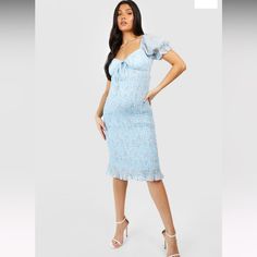 Boohoo Maternity Dress Light Blue Ruched Midi Dress, Blue Flowy Mini Dress In Feminine Style, Fitted Light Blue Floral Print Midi Dress, Fitted Blue Midi Dress For Garden Party, Blue Ruched Midi Dress For Casual Wear, Blue Knee-length Feminine Mini Dress, Feminine Blue Knee-length Mini Dress, Light Blue Floral Print Dress, Blue Feminine Knee-length Mini Dress