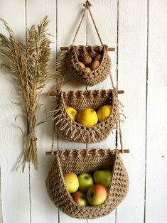 two baskets hanging on the wall with apples and pears in them next to a dried plant