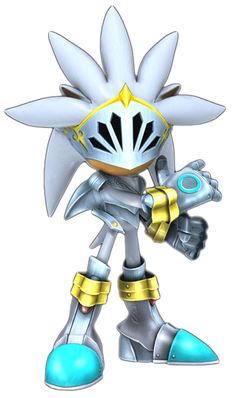 the silver sonic character is holding a blue object