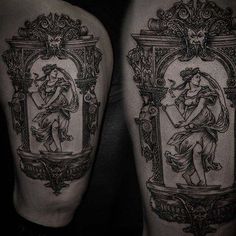 two black and white tattoos on legs with an image of a woman holding a cat