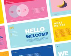 an assortment of brochures with different colors and font styles on them, including bananas