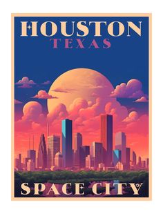 the houston texas space city poster is shown in pink, blue and orange tones with clouds