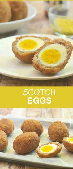 scotch eggs on a plate with other food items in the background and text overlay that says scotch eggs