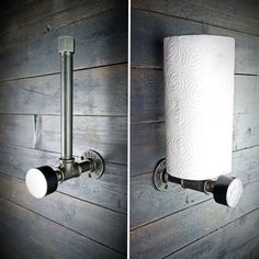 two pictures of the same toilet paper holder on wood planks, one with a roll of toilet paper attached to it