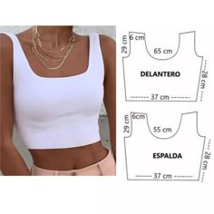 a women's cropped top and shorts with the measurements for each piece in front