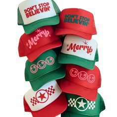 Don't Stop Believin' Trucker Hat Spreading the Holiday Cheer! This his or hers trucker is part of our Holiday Collection. Cute and perfect for all your Holiday events. So light, medium profile and a perfect addition to your growing hat collection. 5 Panel Foam Mesh Back Trucker, Pro Style Adult Sizing 100% Poly Foam Front, 100% Nylon Back Christmas Trucker Hat Ideas, Christmas Trucker Hat, Funny Trucker Hat, Hat Bar, Dont Stop Believin, Custom Trucker Hats, Christmas Hats, Clothing Business, Painted Hats