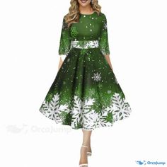 Orcajump - Christmas Fashionable and Personalized Snowflake Digital Print Waist Tie Dress Waist Tie Dress, High Waist Short, Tie Waist Dress, Tie Dress, Petticoat, Waist Tie, Types Of Collars, Polyester Spandex, Types Of Sleeves