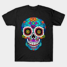 multicolored sugar skull drawing -- Choose from our vast selection of Crewneck and V-Neck T-Shirts to match with your favorite design to make the perfect custom graphic T-Shirt. Pick your favorite: Classic, Relaxed Fit, V-Neck, Tri-Blend, Dolman Extra Soft Tri-Blend, Slouchy V-Neck, Slouchy, Premium, Heavyweight, Curvy, Ringer, and Curvy V-Neck. Customize your color! For men and women. Skull Tshirt Design, Casual Skull Print T-shirt For Festivals, Sugar Skull Drawing, Black Short Sleeve T-shirt For Day Of The Dead, Mexican Colors, Casual Cotton T-shirt With Skull Print, Day Of The Dead Skull Print Crew Neck T-shirt, Day Of The Dead Skull Print T-shirt, Skull Drawing