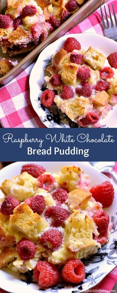 raspberry white chocolate bread pudding on a plate