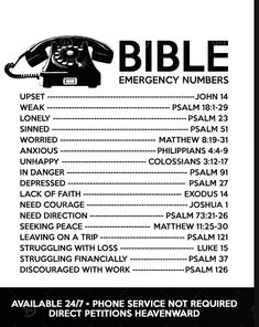 a poster with an old phone and the words bible emergency numbers in black on white