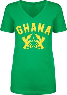 Show your Ghana pride We prefer to print this design on Next Level's LADIES Ideal T line which is 60% combed ringspun cotton/40% polyester (yes, that is the good soft stuff, not the cheap scratchy kind), but if those are not available from our supplier for the size and color you'd like we will use a comparable brand as a replacement to get you your item as soon as possible with the same quality and feel you've come to expect from Next Level. The design is printed and shipped in the USA. If you a Ghana Coat Of Arms, Novelty Clothing, No Heat, Sports Fan, Coat Of Arms, Soccer Jersey, Sizing Chart, Ghana, Womens Clothing Tops