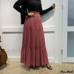 Olivia Mark - Chic Solid Color Casual Pleated Chiffon Midi Skirt Chiffon Midi Skirt, Muslim Style, Long Formal Gowns, Pleated Chiffon, Muslim Dress, Chiffon Material, Plaid Fashion, Chiffon Skirt, Ruffle Skirt