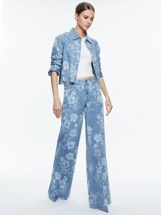 Finely Raw Hem Button Down In Lotus Floral | Alice + Olivia Printed Denim Shirt, Light Wash Jean Jacket, Low Rise Baggy Jeans, Stacey Bendet, Three Daughters, Floral Denim, Alice And Olivia, Denim Button Down, Denim Details