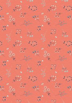 an orange background with blue and white flowers on the bottom half of it, in shades of pink