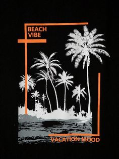 the beach vibe vacation mood t - shirt is black with orange and white palm trees