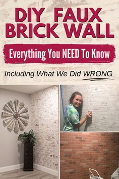 there is a brick wall in the living room with pictures on it and text that reads diy faux brick wall everything you need to know including what we did wrong